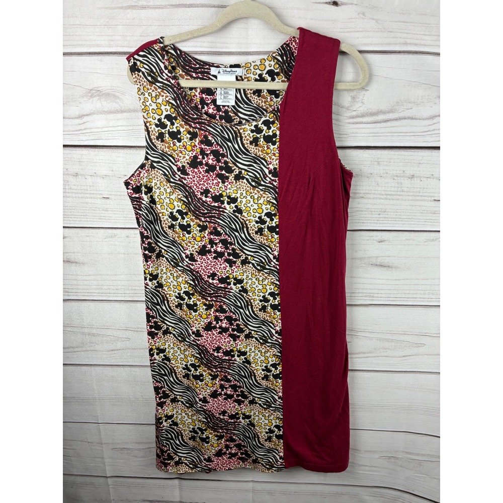 Disney Parks Mixed Animal Print Mickey Mouse Sleeveless Dress Burgundy Red L